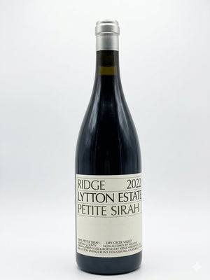 A bottle of RIDGE LYTTON SPRINGS PETITE SIRAH 2022 wine from WINE: WINEBOW, featuring a cream-colored label with black text, set against a plain white background.