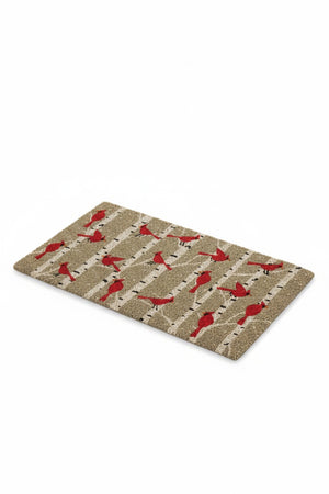 Rectangular CARDINALS IN BIRCH DOORMAT by ABBOTT, featuring a pattern of red cardinals perched on birch tree branches.