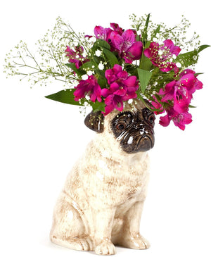 The QUAIL DESIGNS QUAIL CERAMICS - PUG FLOWER VASE LARGE is a 20 cm beige stoneware vase, hand painted with dark accents on the ears, snout, and eyes. The upright pug faces right against a white background.