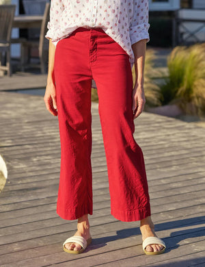 The FRANK & EILEEN Wexford Wide Leg Linen Pant in Double Decker Red features a bright red hue, wide-leg fit, and button-zipper closure, shown flat on a white background.