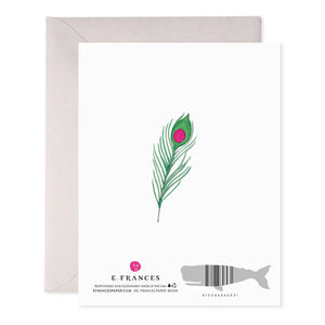 The E. FRANCES PAPER - PEACOCK BIRTHDAY GREETING CARD by E. Frances Paper features a whimsical peacock wearing striped pants and a crown, with green and pink watercolor tail feathers. The card reads "Happy Birthday You Beautiful Creature," with an envelope partly visible behind it.