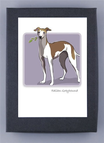 The PAPER RUSSELS - ITALIAN GREYHOUND BOX NOTES by PAPER RUSSELLS features an original illustration of a slender Italian Greyhound with brown, white, and gray markings on a lavender background. It is framed on premium recycled paper with a black border and the text &quot;Italian Greyhound&quot; below.