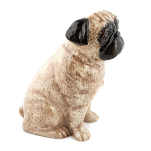 The QUAIL DESIGNS QUAIL CERAMICS - PUG FLOWER VASE LARGE is a 20 cm beige stoneware vase, hand painted with dark accents on the ears, snout, and eyes. The upright pug faces right against a white background.