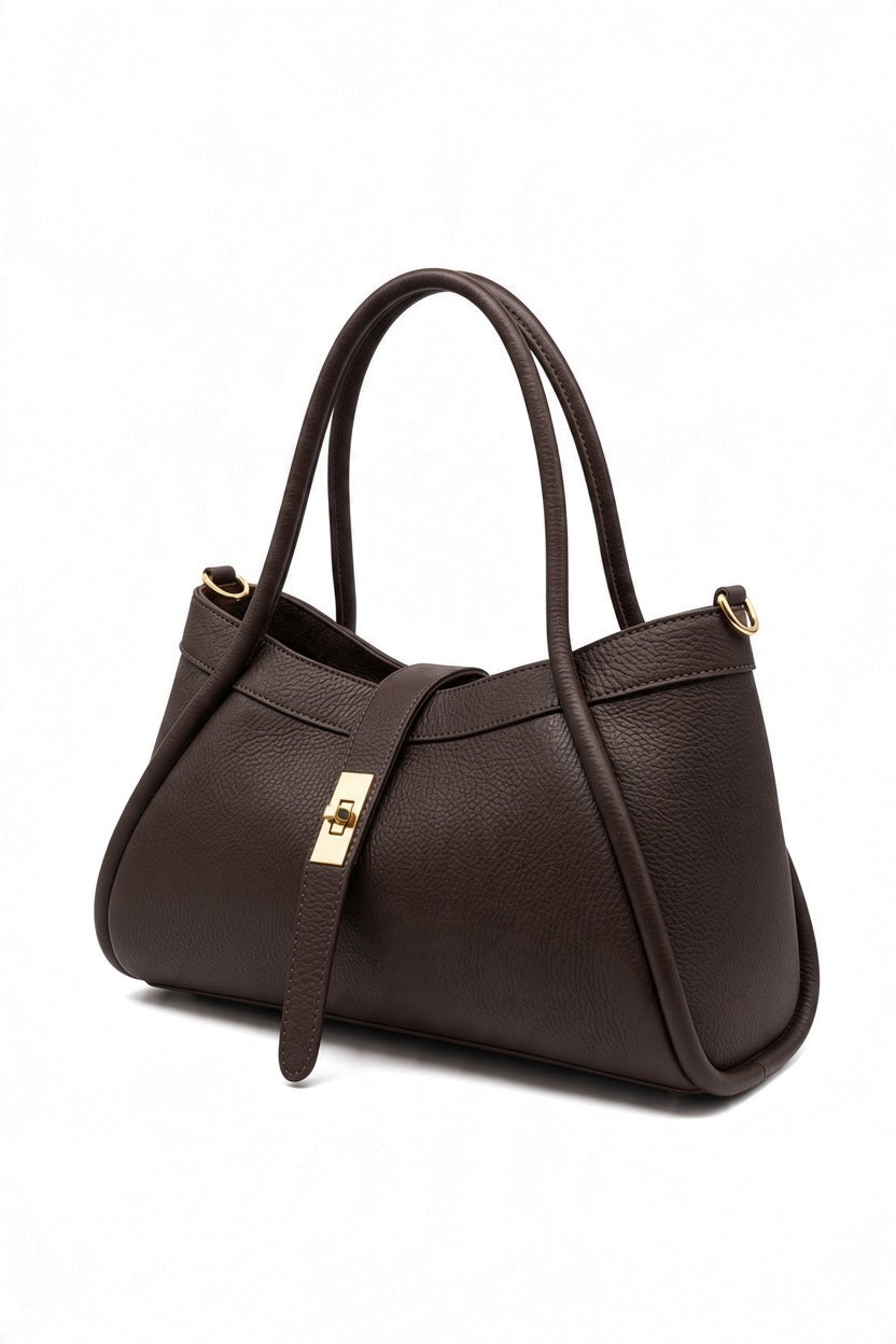 ANTONIO MODA LEATHER PORTICO HANDBAG - MEDIUM in dark brown pebbled leather with dual shoulder straps and a gold-tone turn-lock closure on a center strap.
