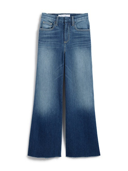The FRANK &amp; EILEEN Galway Wide Leg Jean in 1999 Wash features a faded ombre effect, cropped raw hem with unfinished edge, classic five-pocket styling, and visible stitching for an effortlessly cool look.