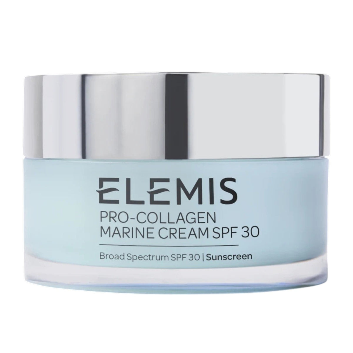 An open jar of ELEMIS - PRO-COLLAGEN MARINE CREAM SPF30 100ML by ELEMIS - STEINER sits on a bathroom counter, with text highlighting its anti-aging and hydrating benefits, and clinical trial results displayed at the bottom.