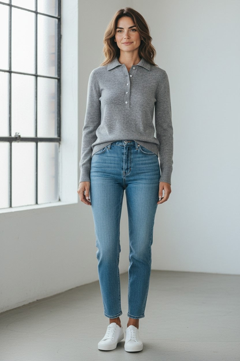 A woman with loosely waved brown hair smiles indoors by a large window, wearing the KINROSS CASHMERE - CRYSTAL BUTTON POLO IN GRANITE from KINROSS, styled with blue jeans and white sneakers.