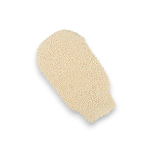 The image depicts a packaged BOUCLE BATH MITT from EUROPEAN SOAPS, LLC. The mitt, crafted from textured beige material, is perfect for exfoliation and cleansing. The packaging showcases geometric patterns and prominently displays the product name in black and white text.