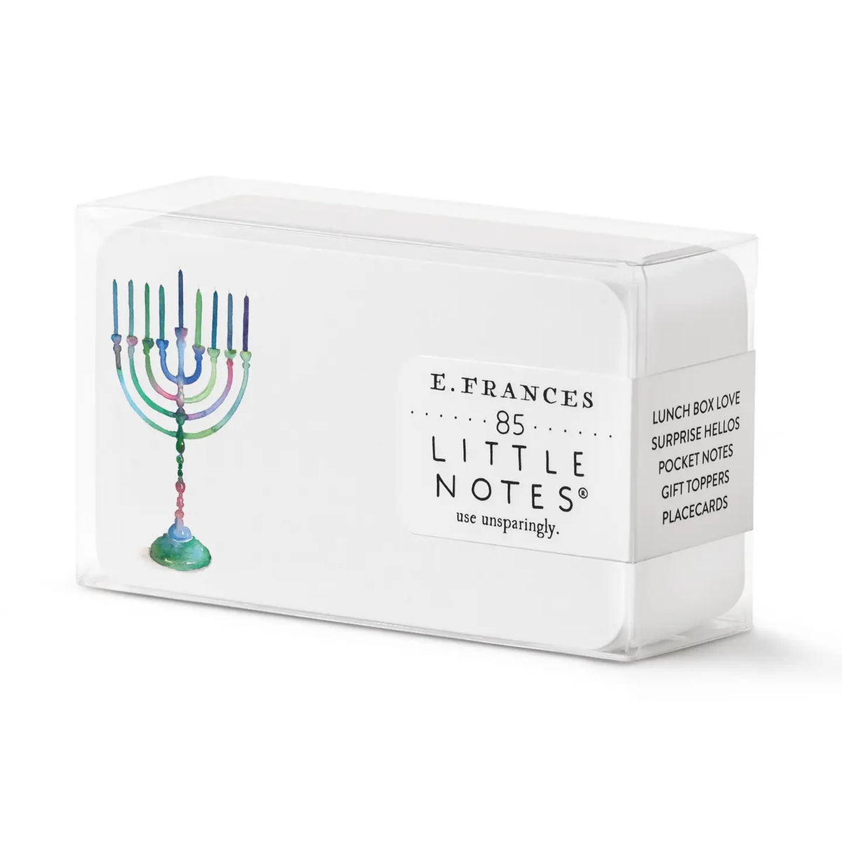The E. FRANCES - MENORAH LITTLE NOTES by E. FRANCES PAPER features a vibrant menorah design and includes 85 notes—perfect for lunchbox messages, greetings, pocket notes, gift tags, or festive place cards.
