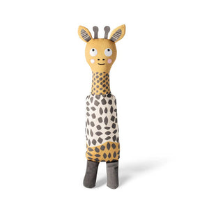 Introducing the "FRINGE STUDIO - HIGH THERE GIRAFFE SQUEAKER DOG TOY" from PET SHOP BY FRINGE STUDIO: a plush toy giraffe with a friendly, smiling face. This charming giraffe features a yellow head with gray ossicones, a long neck adorned with a spotted pattern, and is covered in durable cotton canvas fabric. It also boasts gray legs and particularly large eyes, making it perfect for interactive playtime.