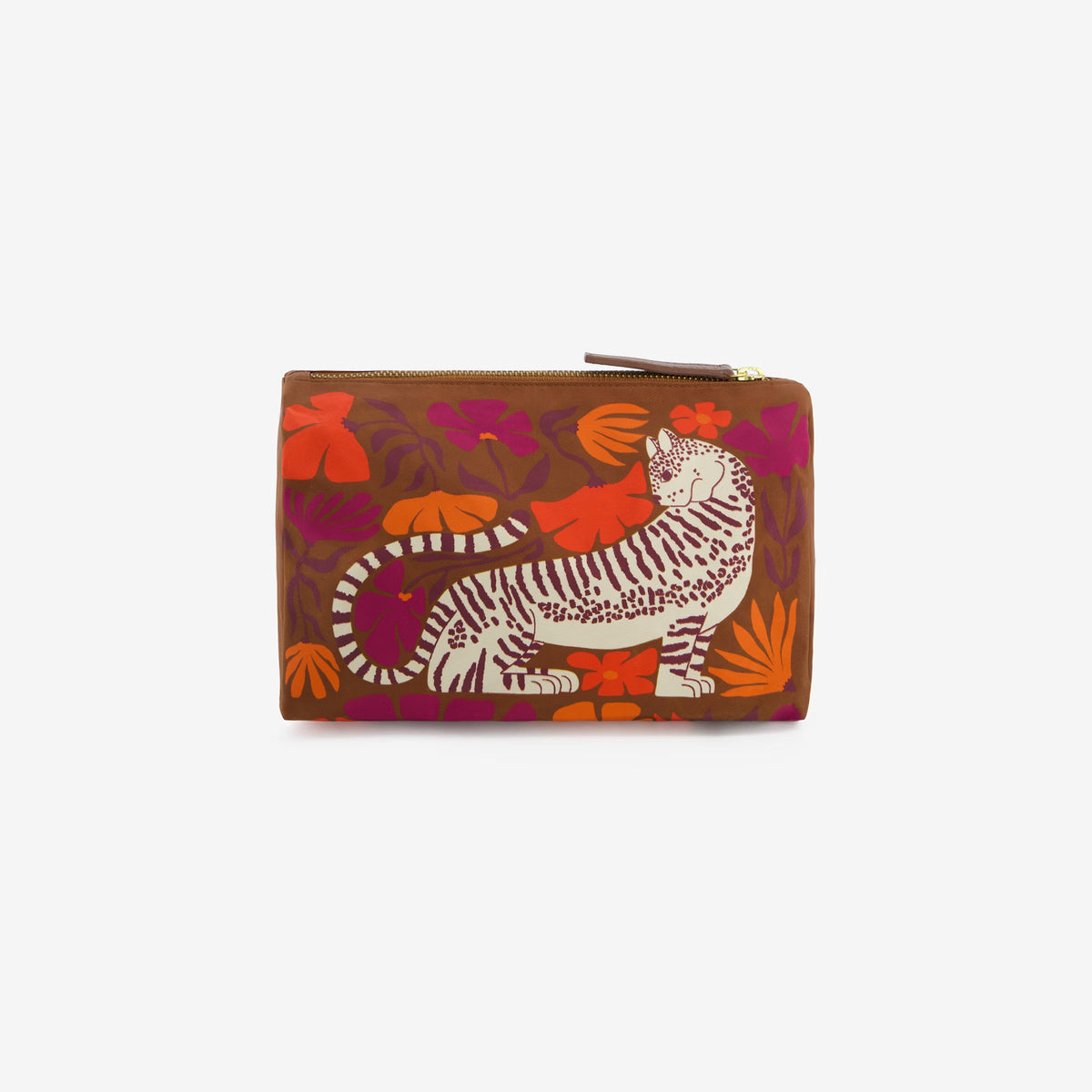 The INOUI EDITIONS - PANTEO COSMETIC BAG by INOUI is a brown zippered pouch made in India, showcasing an illustrated white and brown tiger among orange, red, and purple floral patterns on the front.