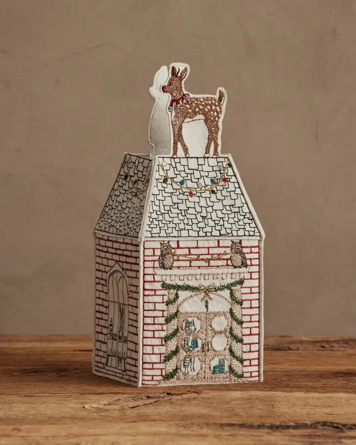 HOME FOR THE HOLIDAYS TISSUE BOX COVER shaped like a house, featuring an embroidered Christmas tree, string lights, and a teddy bear in a Santa hat for festive holiday home decor.