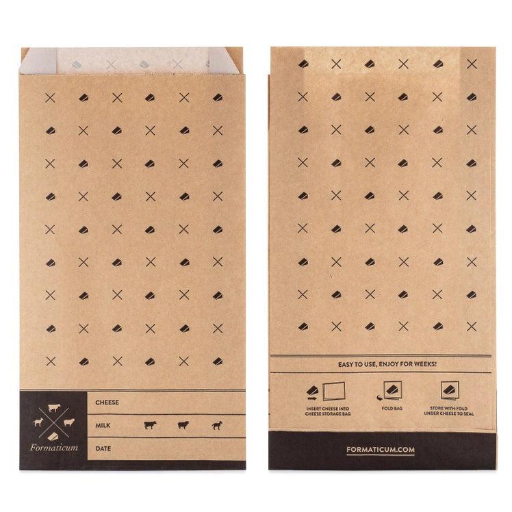 A white box labeled "FORMATICUM - CHEESE STORAGE BAGS" with cow, goat, and sheep icons. Includes 15 bags (6.25 x 11 in) for cheese storage at home; info available in multiple languages.