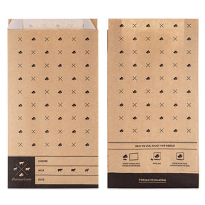 A white box labeled "FORMATICUM - CHEESE STORAGE BAGS" with cow, goat, and sheep icons. Includes 15 bags (6.25 x 11 in) for cheese storage at home; info available in multiple languages.