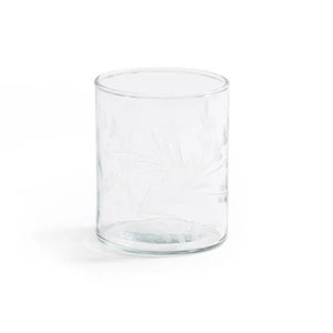 The ZODAX SHIRAZ TUMBLER features an etched flower design on its clear cylindrical surface, displayed against a plain white background.