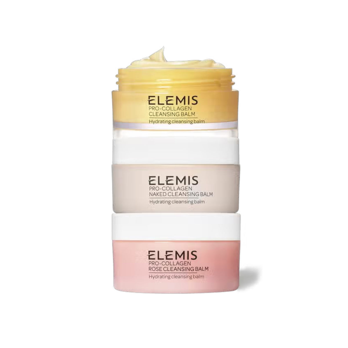 The ELEMIS - THE PRO-COLLAGEN CLEANSING BALM COLLECTION, by ELEMIS - STEINER, features a vibrant gradient design with balm containers in yellow, pink, and neutral shades. Infused with omega-rich plant oils, &quot;Elemis&quot; is prominently displayed at the top.