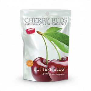 A 2.5 oz (60g) pouch of BUTTERFIELDS - CHERRY BUDS cherry candy by BUTTERFIELDS features two cherries with green leaves, a candy image, and labels stating "Gluten Free" and "Hard Candy with a Tart Cherry Tang.