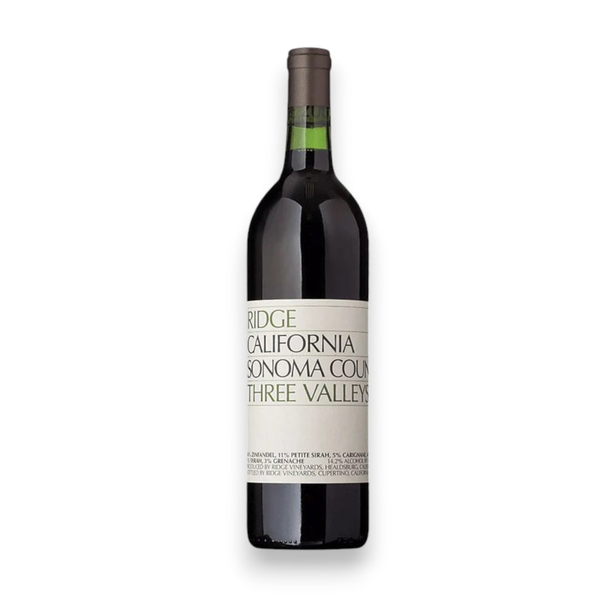The RIDGE 'Three Valleys' Zinfandel Blend 2022 from Sonoma County, with its beige label and green neck, highlights Winebow's artistry. Known for its Zinfandel, it stands elegantly against a white background with green and black text.
