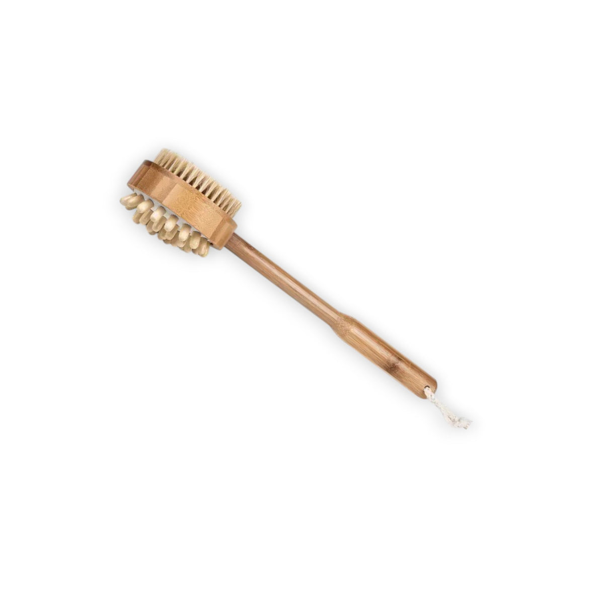 The BAUDELAIRE - BAMBOO 14&quot; MASSAGE BRUSH by BAUDELAIRE is displayed against a plain white background. It features a long handle and soft bristles, with a white rope loop attached to the end of the handle for convenient hanging. The round brush head is specifically designed for natural exfoliation and promoting healthy circulation during body scrubbing.