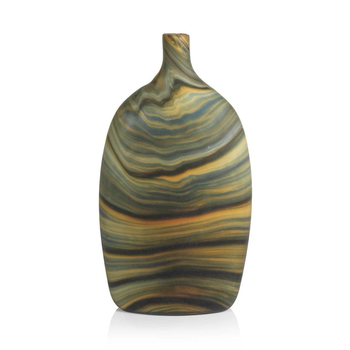 The LUCCA MARBELIZED GLASS VASE - TALL by ZODAX features a flattened, rounded shape with a narrow, off-center neck and swirling green, yellow, brown, and black marbled patterns on a white background.