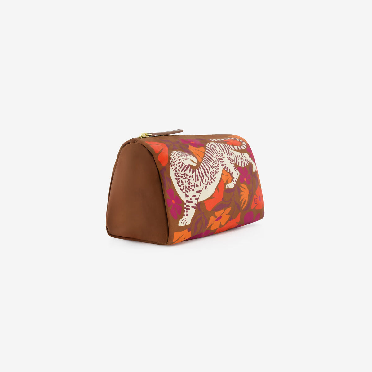 The INOUI EDITIONS - PANTEO COSMETIC BAG by INOUI is a brown zippered pouch made in India, showcasing an illustrated white and brown tiger among orange, red, and purple floral patterns on the front.