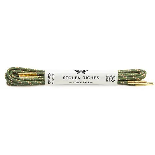 STOLEN RICHES - Dress Shoelace in Lucha Green: Premium green and white speckled laces with gold aglets, “STOLEN RICHES” label, crown logo, “Made in Canada,” and fit 5-6 eyelets. Durable design for standout style.