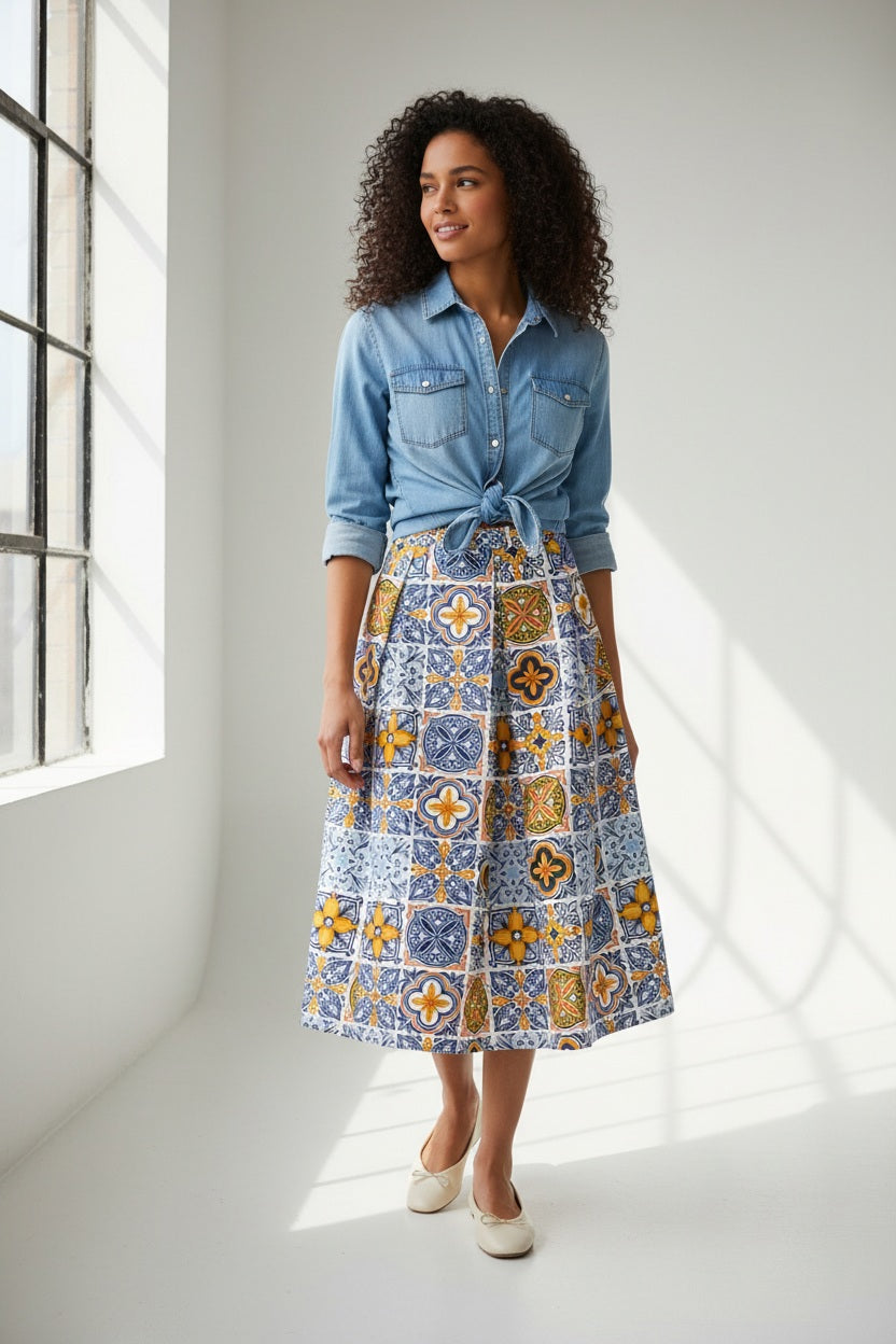 The MIDI STRUCTURED SKIRT by ALYKI LABORATORIO is a high-waisted, midi-length piece with a flared silhouette, showcasing a vibrant pink and red abstract floral print on a white background.
