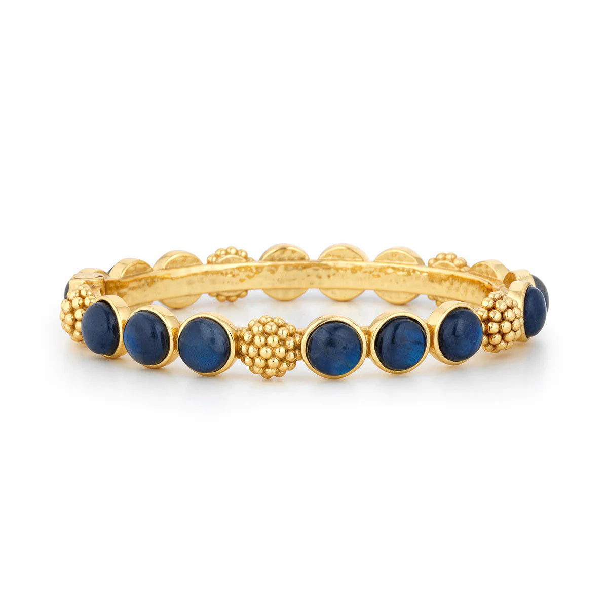 The CAPUCINE DE WULF Berry Gem Hinged Bracelet Labradorite features alternating round blue labradorite stones and textured 18K gold bead clusters, beautifully showcased on a white background.
