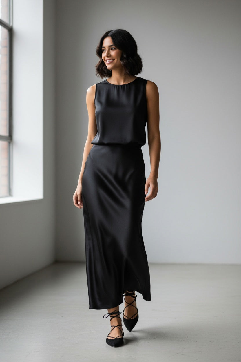 A woman stands smiling, wearing the MILVA MI - LONG SATIN SKIRT IN BLACK by MILVA, styled with a fluid silhouette. The skirt flows to the floor in lustrous black satin, paired with a fitted top that features long sleeves and a cowl neckline. She has wavy brown hair and wears black shoes, standing against a plain light background.