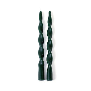 The ZODAX LUMIERE Twist Taper Candles, set of 2 in green, each measuring 0.875 in x 12 in with a 6-hour burn time, are displayed side by side on a white background.