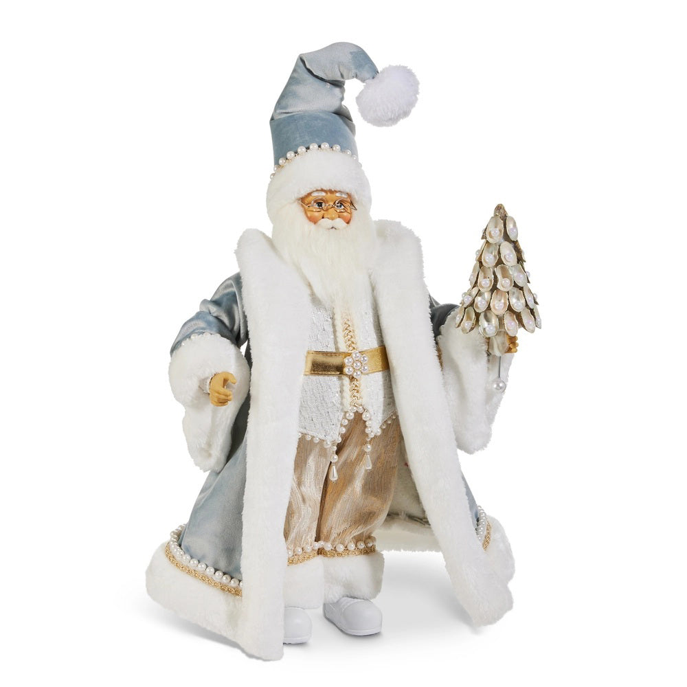 Bring holiday cheer with the BLUE VELVET SANTA 18" by RAZ IMPORTS—a festive figurine in a blue and white fur-trimmed robe, gold accents, and holding a tree. Perfectly sized for your 12x10x18 bag or polyester backpack.