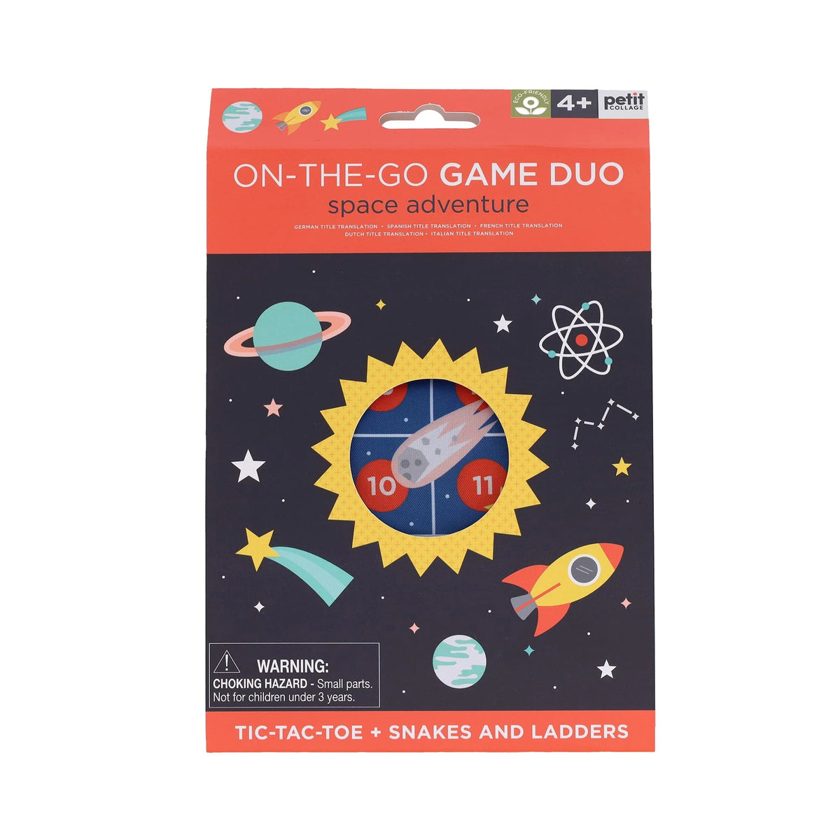 Front cover of a space-themed game box for kids aged 4 and up. The box, branded by PETITERCOLLAGE, features the title "ON THE GO GAME DUO SPACE ADVENTURE." It includes travel games like Tic-Tac-Toe and Snakes and Ladders. Illustrations of a sun, rocket, planets, and stars are displayed. A warning about small parts is included.