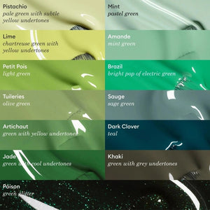 A bottle of MANUCURIST INC GREEN™ Nail Polish in Khaki, featuring a black cap and a label that reads “NAIL POLISH KHAKI, green, QUICK DRY INTENSE COLOR.” This vegan nail polish delivers quick-drying, intense color for a modern look.