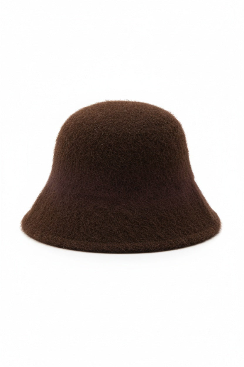 The SEVENTY VENEZIA Wool Cloche Hat in brown by SEVENTY features a classic bucket silhouette with a wide, downward-sloping brim, displayed against a plain white background.