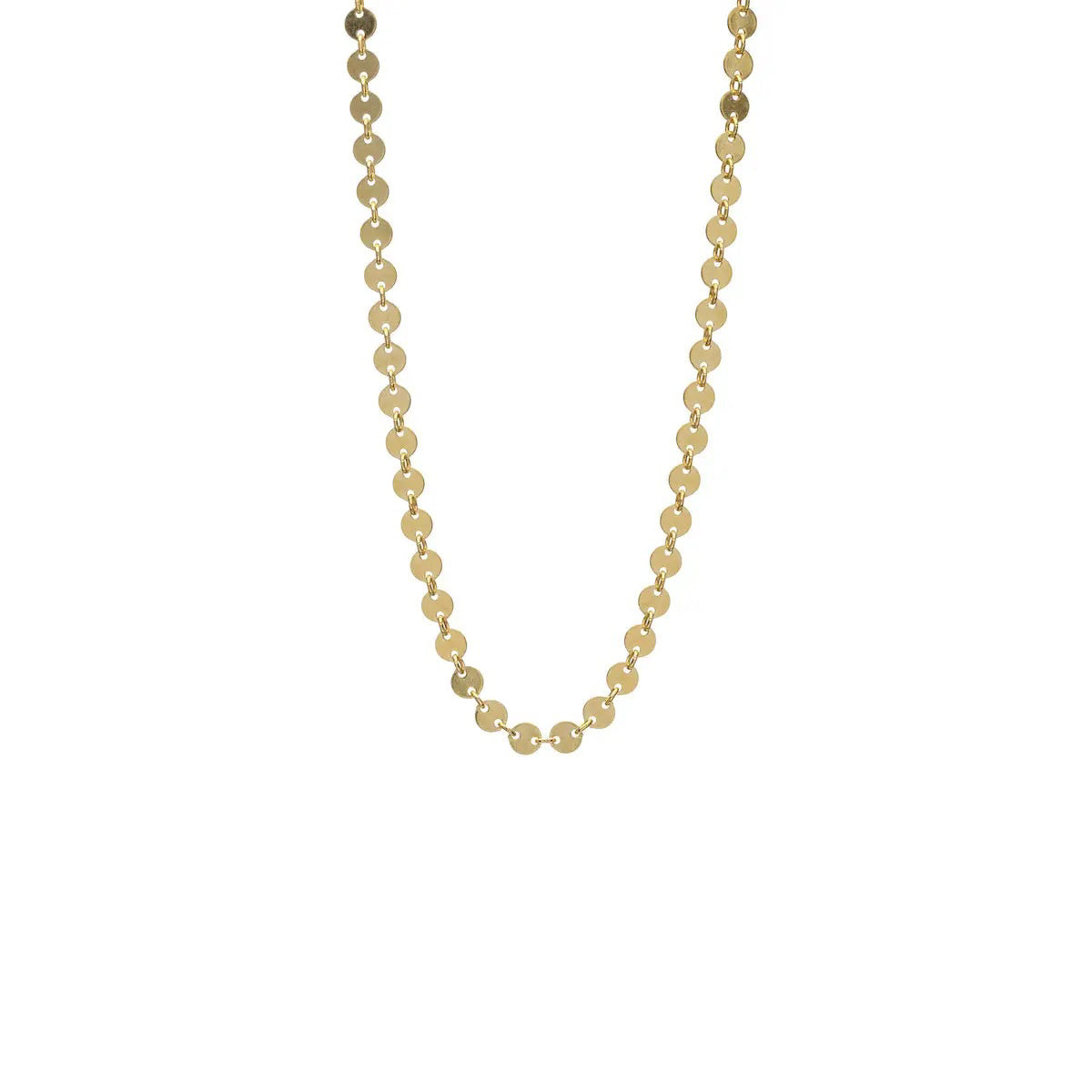 The KENDA KIST - MYKONOS SHORT LAYER NECKLACE by KENDA KIST features a gold-filled chain with circles, making it an elegant and festive accessory for any occasion.