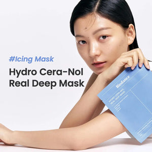 The blue and white packaging for GLOWISS's BIODANCE Hydro Cera-nol Real Deep Overnight Mask is shown, highlighting its hypoallergenic formula. A closed packet with key ingredients like glacial water, hyaluronic acid, panthenol, and ceramide is in front, set against a matching box backdrop.
