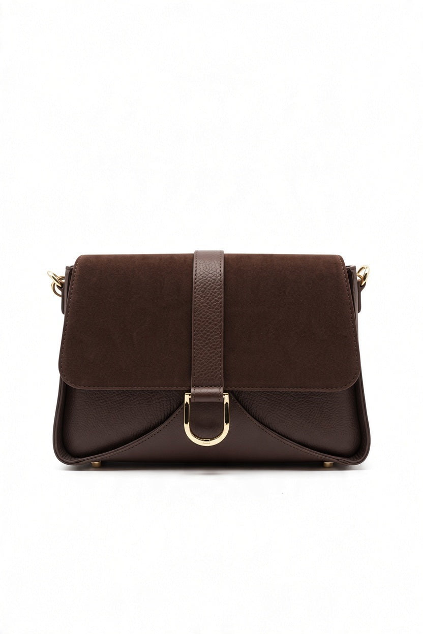LEATHER AND SUEDE CROSSBODY BAG IN CHOCOLATE: a dark brown structured crossbody bag featuring a gold-tone D-ring hardware closure.