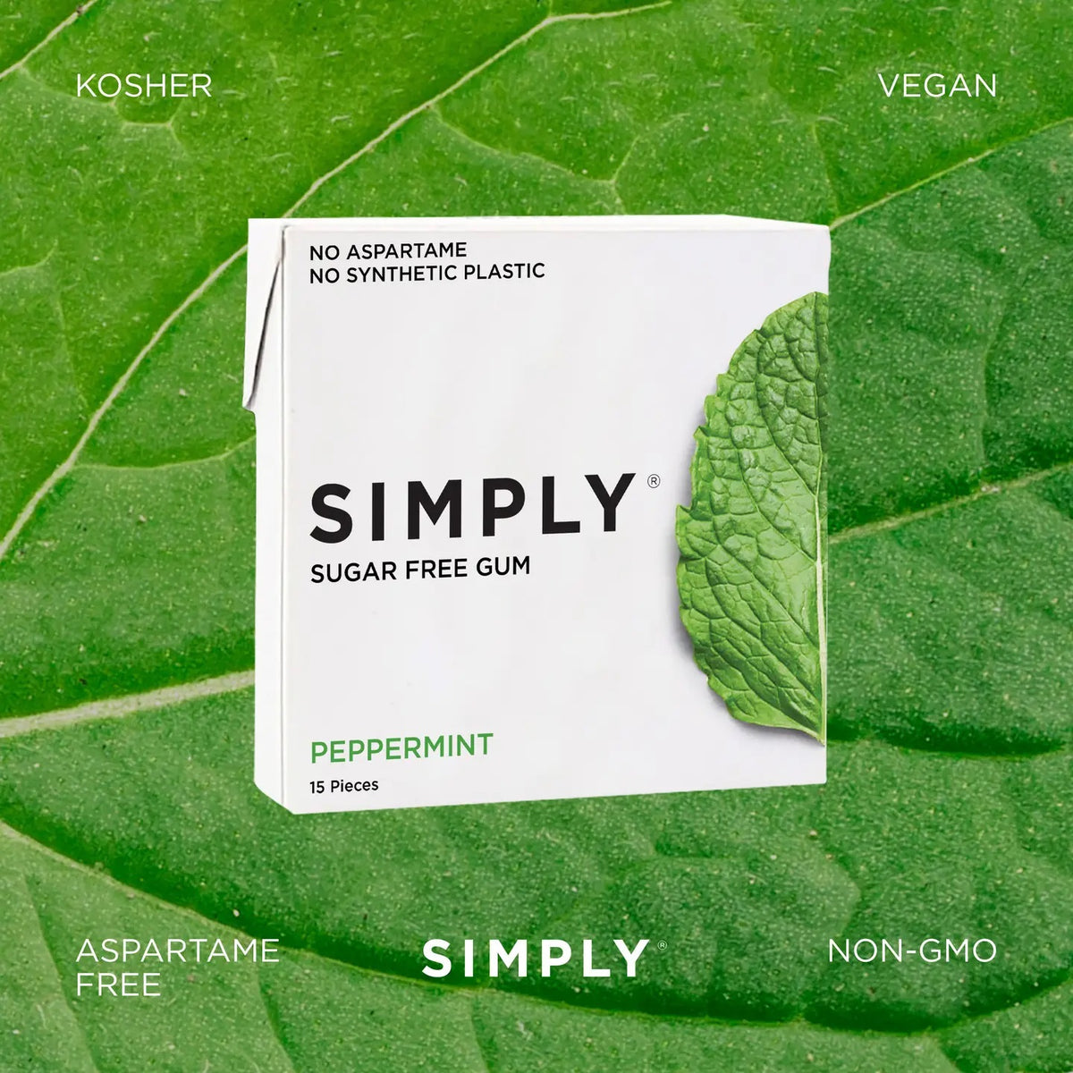 A box of SIMPLY GUM- PEPPERMINT GUM by SIMPLY GUM rests on a green leaf background, highlighting its bold peppermint flavor for irresistibly fresh breath. Overlay text showcases key features: Kosher, Vegan, Aspartame Free, and Non-GMO. The 15-piece box features a mint leaf design and delivers the perfect flavor-packed snack.