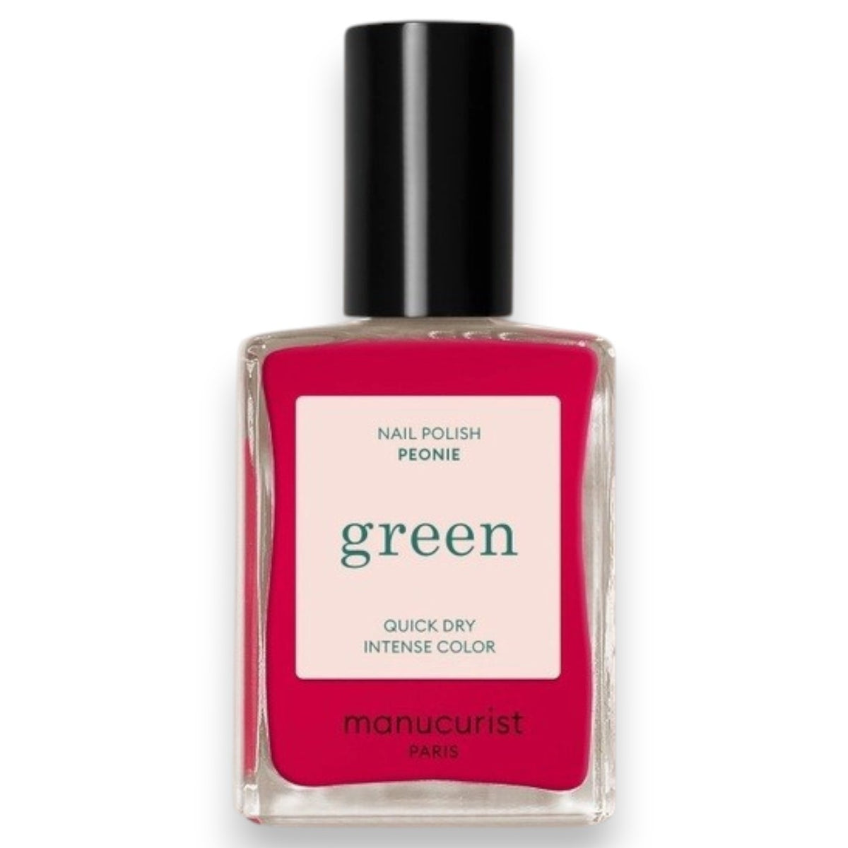 A bottle of MANUCURIST INC’s GREEN™ Nail Polish in the shade Peony, featuring a black cap and pink color visible through the clear glass.