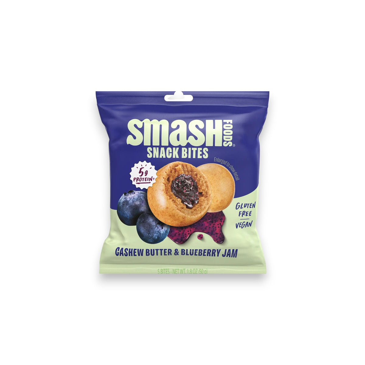 The image shows the back of a CHIA SMASH pack, with nutrition facts on the left and product details on the right. It highlights simple ingredients, gluten-free and vegan benefits, featuring protein-rich CASHEW BUTTER AND BLUEBERRY SNACK BITES and includes Nut Butter + Jam for added flavor at the bottom.
