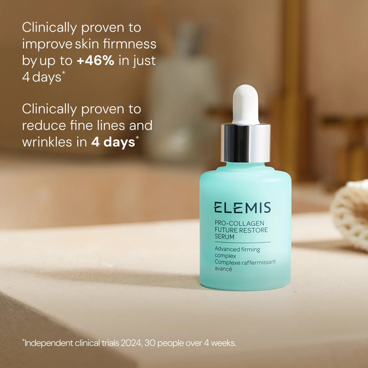 On a softly lit surface rests a bottle of ELEMIS - PRO-COLLAGEN FUTURE RESTORE SERUM by ELEMIS - STEINER, with text emphasizing its proven ability to firm skin and reduce wrinkles in just 4 days. Infused with potent marine actives and featuring the innovative opal skin algae complex, this serum represents the next generation of advanced skincare. A blurred hand is visible in the background.