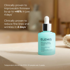 On a softly lit surface rests a bottle of ELEMIS - PRO-COLLAGEN FUTURE RESTORE SERUM by ELEMIS - STEINER, with text emphasizing its proven ability to firm skin and reduce wrinkles in just 4 days. Infused with potent marine actives and featuring the innovative opal skin algae complex, this serum represents the next generation of advanced skincare. A blurred hand is visible in the background.