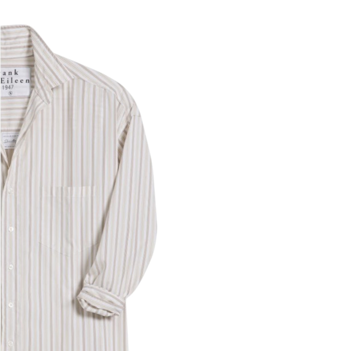 The FRANK &amp; EILEEN Finbar Men's Button Up Shirt in White Sand Stripe Italian Cotton features beige and white vertical stripes, a front pocket, and a casually rolled-up sleeve, shown from the left side with only the upper half visible.