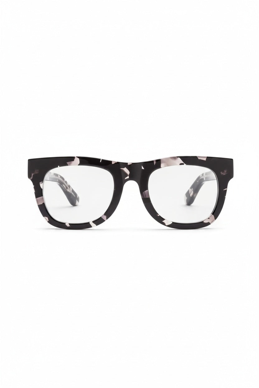 Front view of the CADDIS D28 Readers in Black Tortoise, showcasing a rectangular premium acetate frame with a black tortoise pattern and clear, scratch-resistant lenses, set against a plain white background.