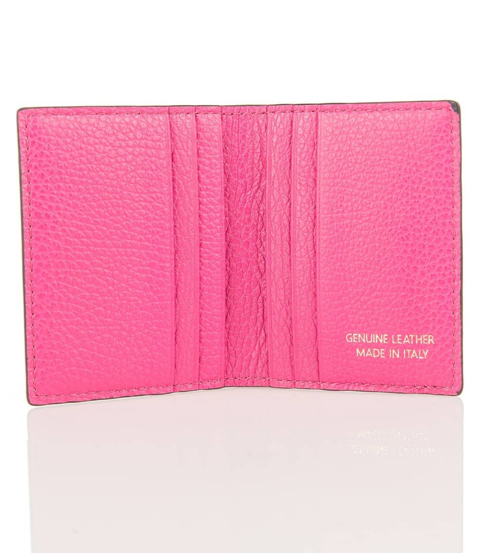 The open gray LEATHER CARD HOLDER by LE BORSETTE features multiple slots. &quot;Genuine Leather Made in Italy&quot; is engraved in the bottom right corner, with its shiny surface reflecting sophistication and fine Italian craftsmanship.