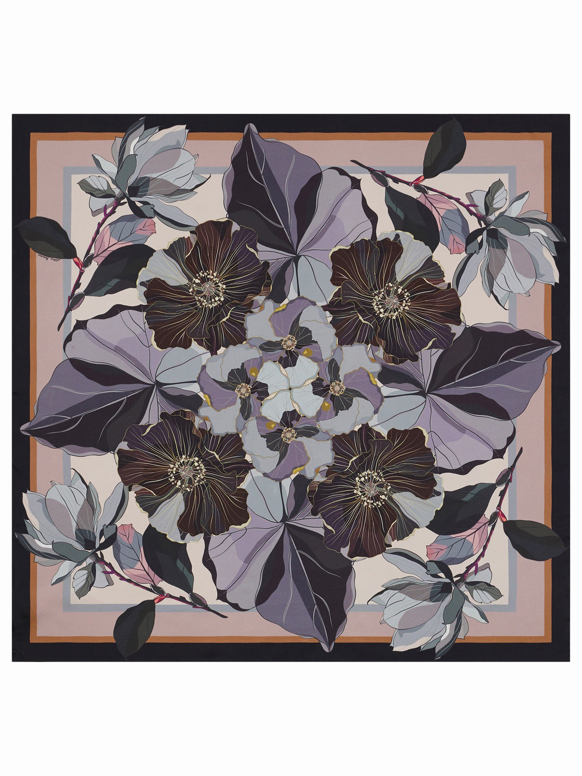 The FRANCO FERRARI - CIALDA Reversible Silk Scarf 90x90 features a symmetrical, oversized floral pattern in purple, brown, cream, and black with mirrored stylized flowers and leaves radiating from the center.