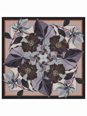 The FRANCO FERRARI - CIALDA Reversible Silk Scarf 90x90 features a symmetrical, oversized floral pattern in purple, brown, cream, and black with mirrored stylized flowers and leaves radiating from the center.