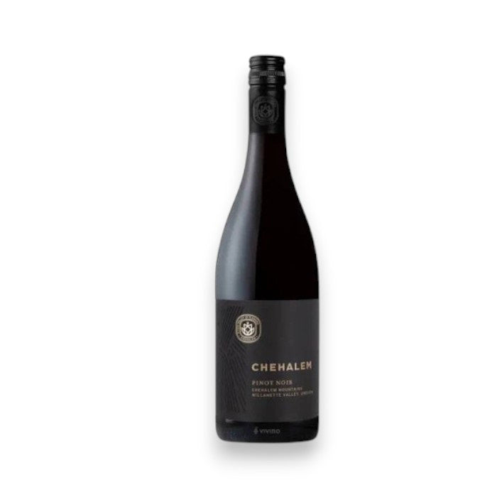 The CHEHALEM PINOT NOIR 2021 375ML by WINE: TRYON has a black label with the logo, wine name, and region. It offers notes of cherry cordial and red currant with a screw cap on a white background.