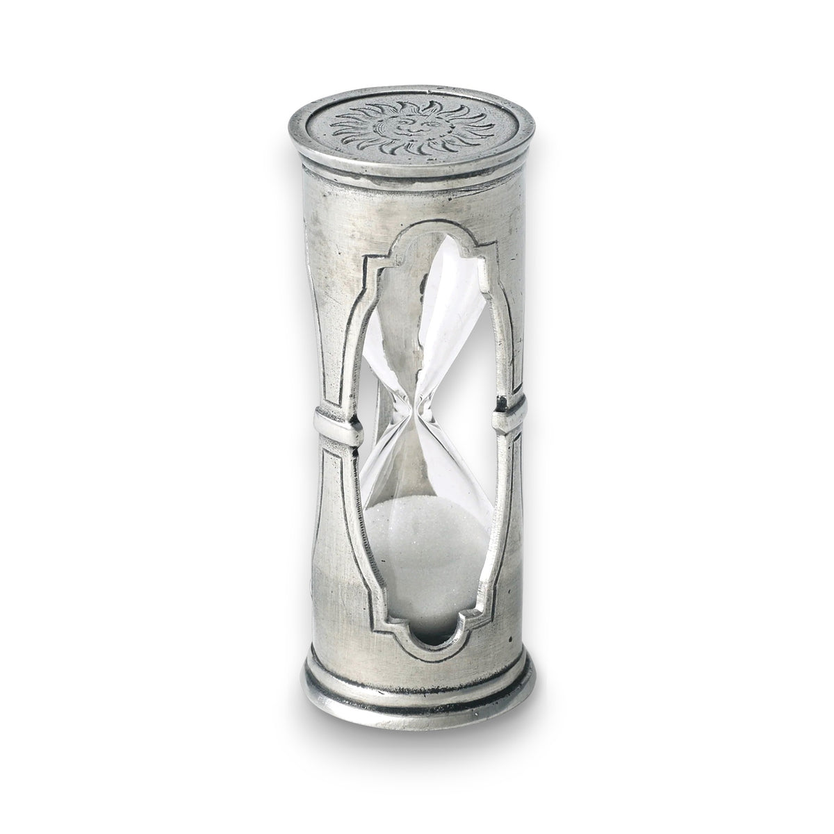 The MATCH - PEWTER HOURGLASS EXTRA SMALL features clear glass, white sand, decorative cutout windows, and an engraved top. This ornate MATCH piece is photographed against a plain white background, symbolizing the swift passage of time.