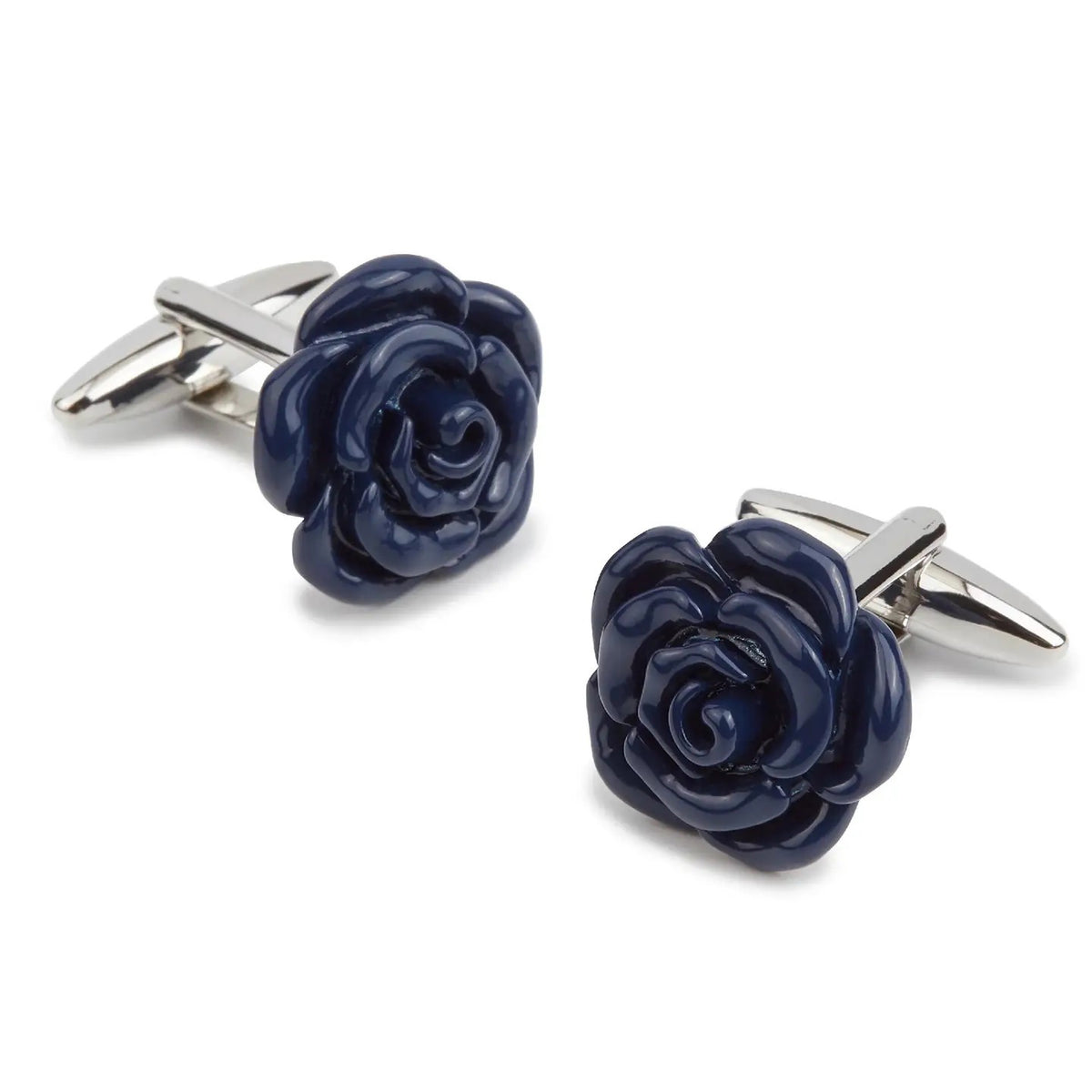STOLEN RICHES - NAVY BLUE ROSE CUFFLINKS by STOLEN RICHES: Elegant silver cufflinks featuring detailed dark blue rose designs—a stylish accessory and perfect gift for him.